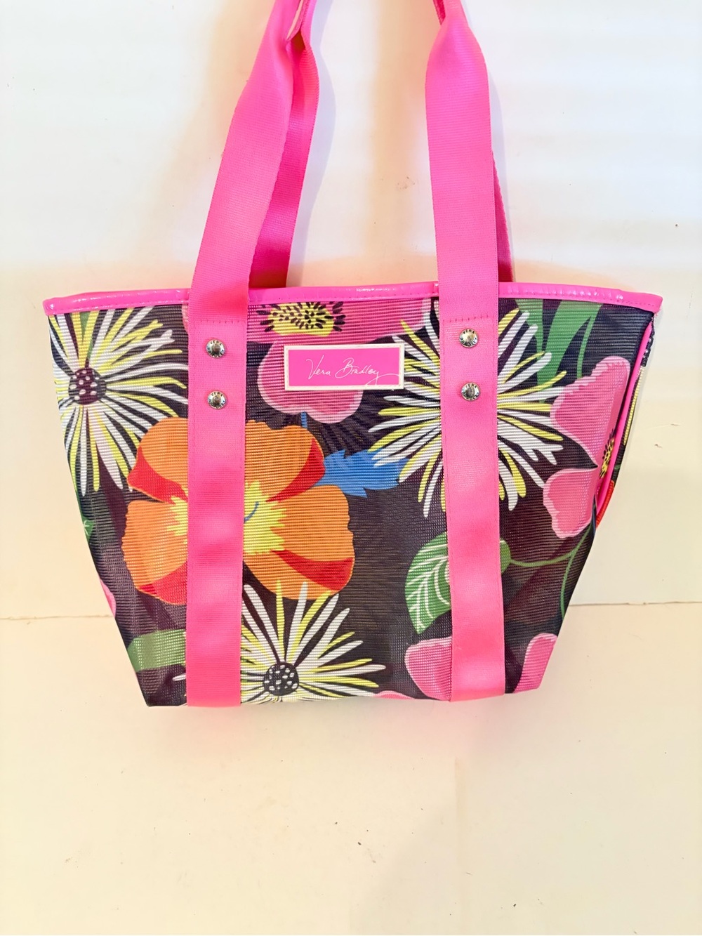 Vera Bradley Jazzy Blooms Tropical Floral Print Pink Small Mesh Beach Tote Bag